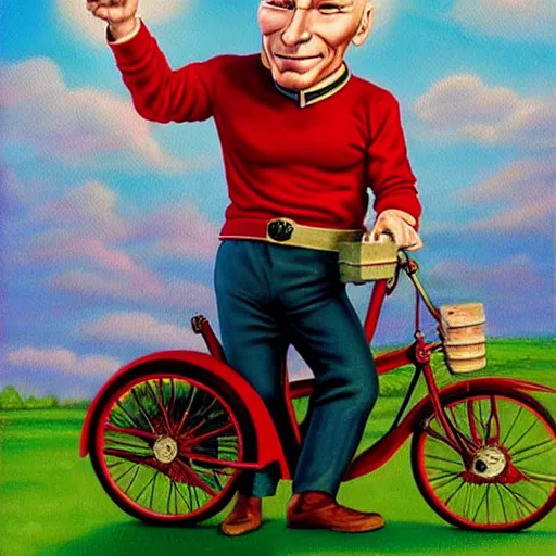 Prompt: Captain Picard on a tricycle, lowbrow painting by Mark Ryden