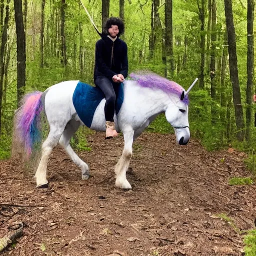 Prompt: trail cam of a teenager with short black curly hair on the woods riding a real unicorn