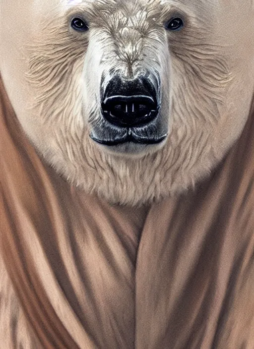 Image similar to a polar bear with stubble, wearing brown jedi robes, smiling, close up, portrait style, star wars atmosphere, photographic print, artgerm, hyper - realistic