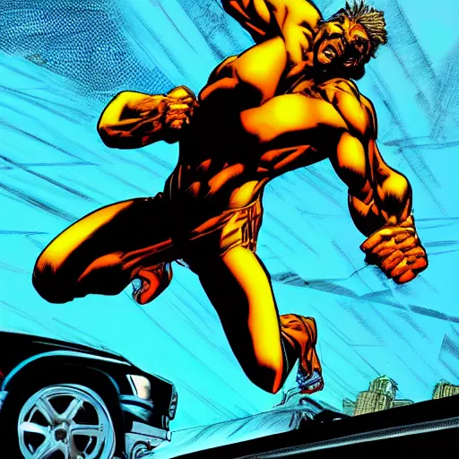 Image similar to utopic drive in the style of art mike deodato