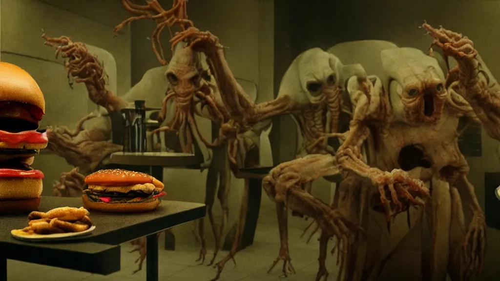 Image similar to the strange creature at the fast food place, they scare my family, film still from the movie directed by denis villeneuve and david cronenberg with art direction by salvador dali and zdzisław beksinski