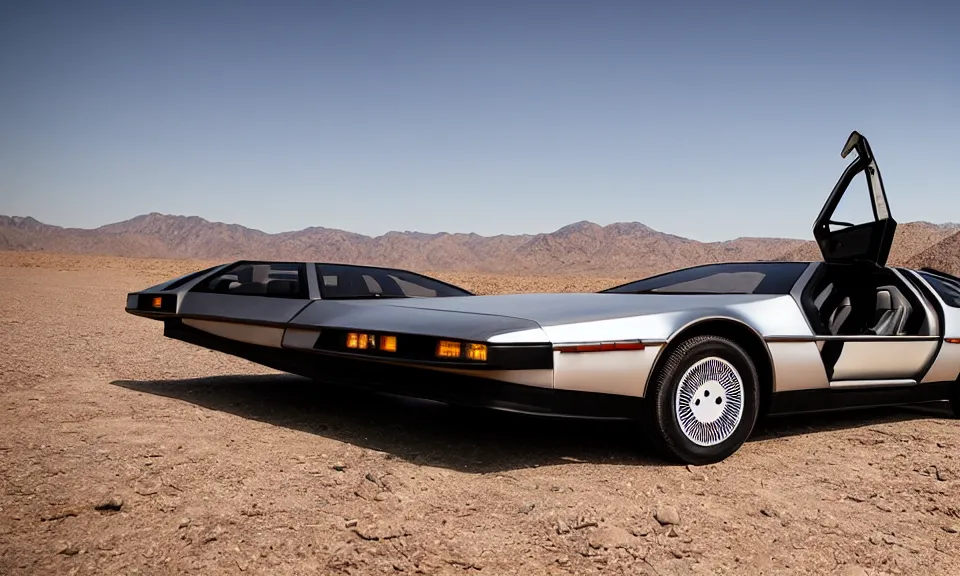 Image similar to photo of a delorean standing in the desert