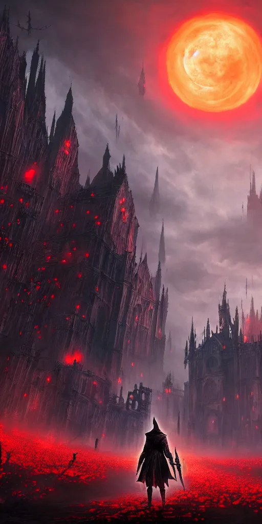 Image similar to abandoned bloodborne old valley with a person at the centre and a ruined gothic city at the end with a big castle, trees and stars in the background, falling red petals, epic red - orange moonlight, perfect lightning, wallpaper illustration by niko delort and kentaro miura, 4 k, ultra realistic