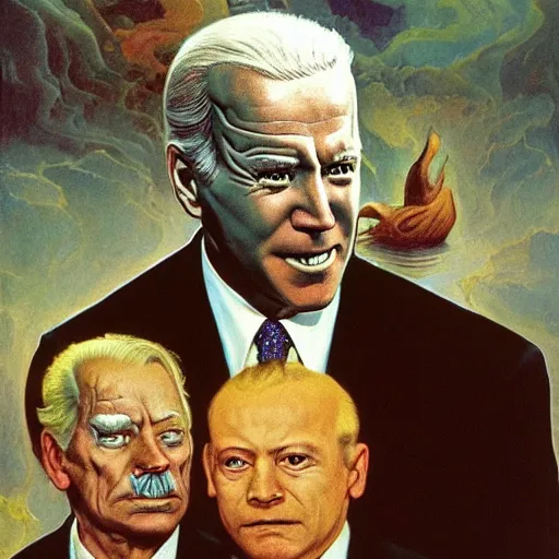 Image similar to terrifying, surreal portrait of joe biden standing up to his shoulders in turbulent, shadowy water by j. c. leyendecker, bosch, william blake, stephen gammell, jon mcnaughton, and beksinski