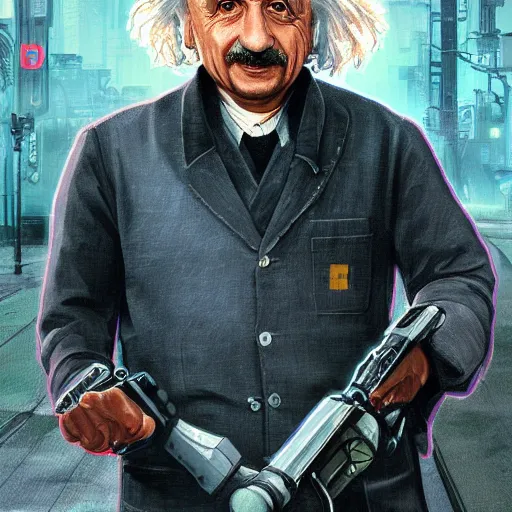 Image similar to [UHD Albert Einstein as a GTA character on the streets of futuristic laserpunk Dallas, correct face, intricate facial details, symmetrical face, elegant, graphic detail, digital painting, trending on artstation, concept art, tonalism, sharp focus, illustration, art by Akira Toriyama and Greg Rutkowski and Alphonse Mucha]