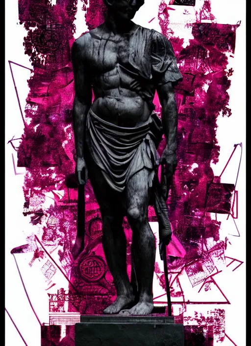 Image similar to design poster showing a statue of julius caesar, black background with very subtle red and purple text and design elements, powerful, nekro, graphic design, collage art, thin lines, dark, glitch art, neo vaporwave, gritty, layout frame, square, trending on artstation