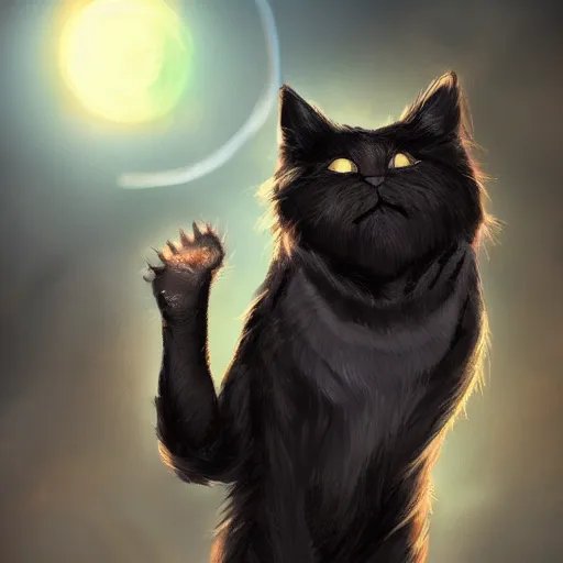 Image similar to a cat person with black fur, wearing flip flops, laughing maniacally as he casts magic spells, featured on artstation, 8k, digital art