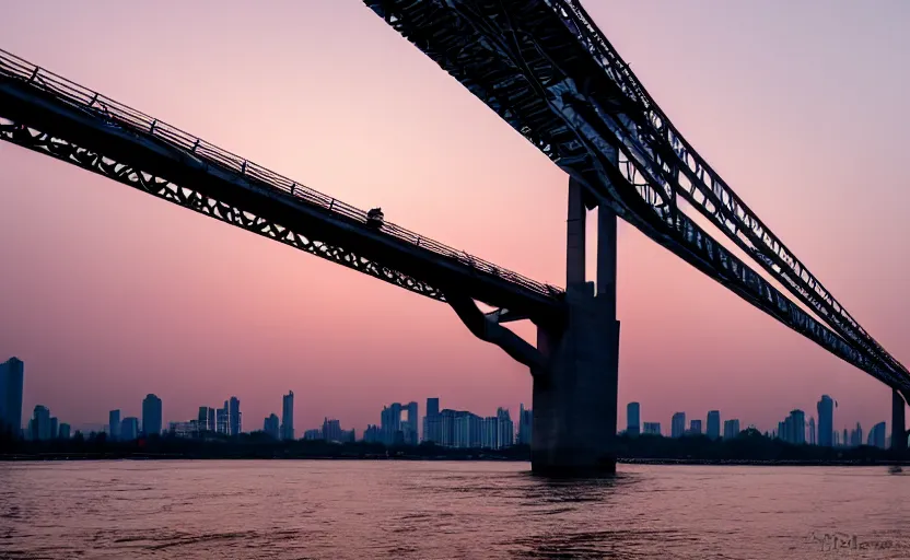 Image similar to a photo of wuhan yangtze river bridge, sunset, cinematic, 8 k, highly - detailed