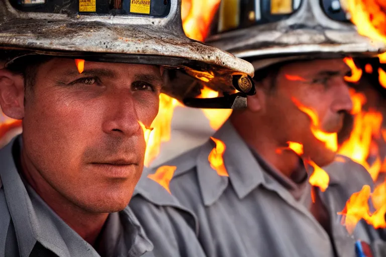 Prompt: closeup potrait firefighters lighting fires, natural light, sharp, detailed face, magazine, press, photo, Steve McCurry, David Lazar, Canon, Nikon, focus