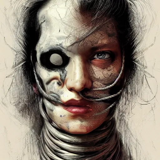 Image similar to portrait of a Shibari rope wrapped face and neck, headshot, insanely nice professional hair style, dramatic hair color, digital painting, of a old 17th century, old cyborg merchant, amber jewels, baroque, ornate clothing, scifi, realistic, hyperdetailed, chiaroscuro, concept art, art by Franz Hals and Jon Foster and Ayami Kojima and Amano and Karol Bak,