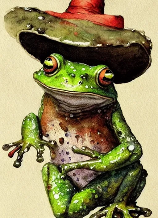 Image similar to detailed frog with a wizard hat by jean - baptiste monge and frank frazetta, post processing, painterly, book illustration watercolor granular splatter dripping paper texture, ink outlines, painterly, trending on artstation, trending on pinterest childrens art