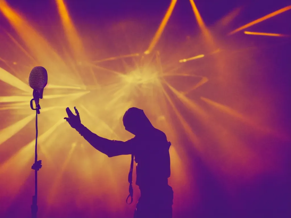 Image similar to man holding a microphone and rapping, epic pose, medium close-up, silhouetted, distinct figure, psychedelic hip-hop, laser light show, fog, beams of light