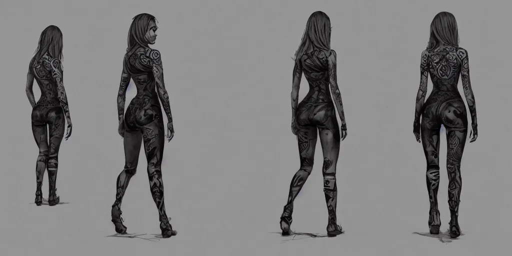 Image similar to tattooed woman walking cycle, character sheet, fine details, concept design, contrast, brigitte bardot, kim jung gi, greg rutkowski, trending on artstation, 8 k, full body, turnaround, front view, back view, ultra wide angle