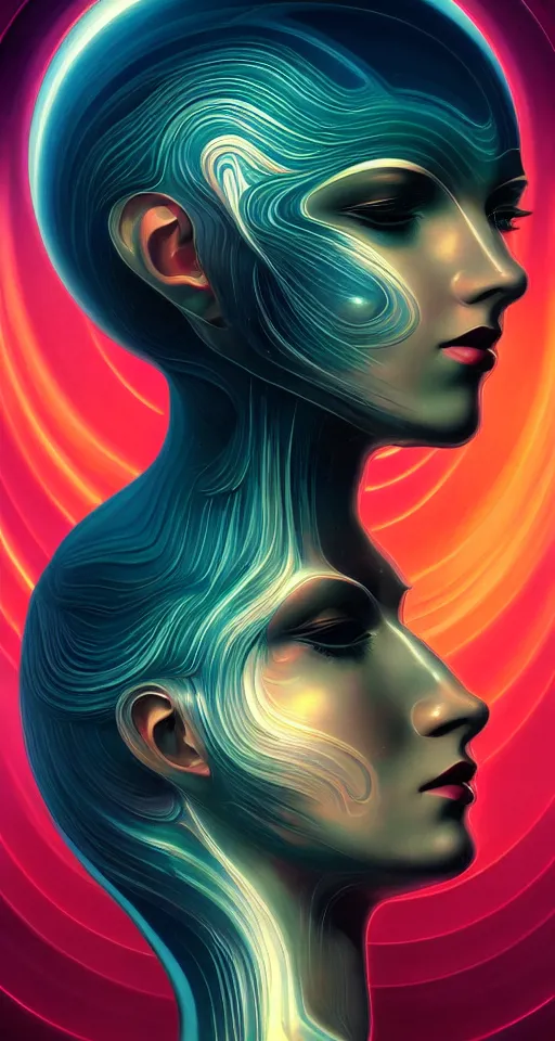 Prompt: art deco close up portait of head surrounded by spheres, like a dream digital painting cinematic dramatic fluid lines otherworldly vaporwave interesting details epic composition by artgerm