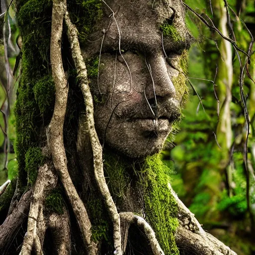 Prompt: a portrait of a tree man, roots, vines, moss