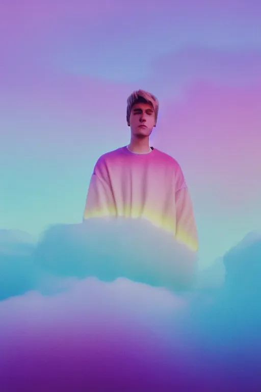 Image similar to high quality pastel coloured film close up wide angle photograph of justin bieber wearing clothing swimming on cloud furniture in a icelandic black rock environment in a partially haze filled dreamstate world. three point light, rainbow. photographic production. art directed. pastel colours. volumetric clouds. pastel gradient overlay. waves glitch artefacts. extreme facial clarity. 8 k. filmic.