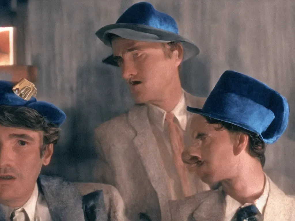 Prompt: Film Still of Mario in a hat in David Lynch's Blue Velvet film aesthetic!!!