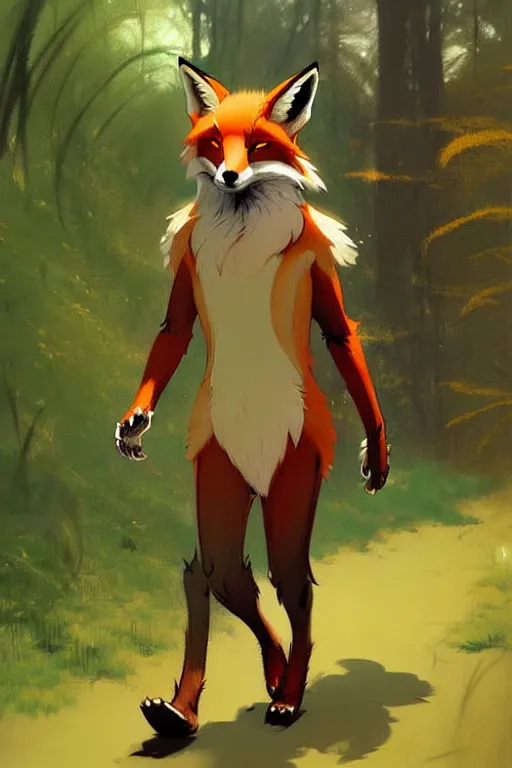 Image similar to anthro digitigrade natural - colored cartoon fox person, walking upright in a forest, greg rutkowski, gregory manchess