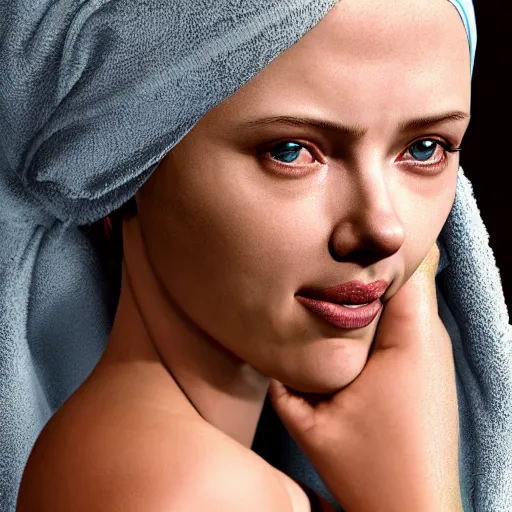 Image similar to scarlett johansson blue hair wrapped in a towel getting out of the shower, 3 d render, hyper - realistic detailed portrait