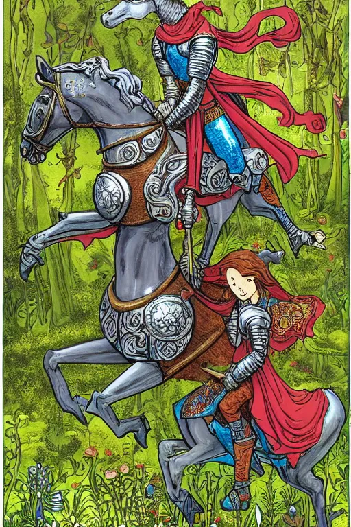 Prompt: medieval knight riding a horse in a magic kingdom overgrown by moss and plants, shiny armor, enchanted forest with fairies, wizards and magic mushrooms in the background, illustrated by james jean, very detailed and colorful and ornamental and floral, comicbook cover