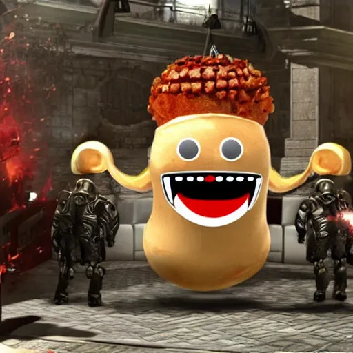 Image similar to burger king kurger bing creepy king mascot in gears of war, cinematic shot