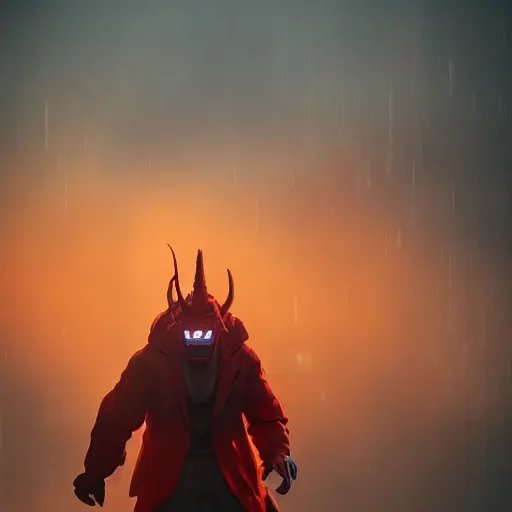 Image similar to villain wearing a red oni mask, orange jacket, dark background, unreal engine 5, ultra realistic, detailed, fog, volumetric lighting, by greg rutkowski,