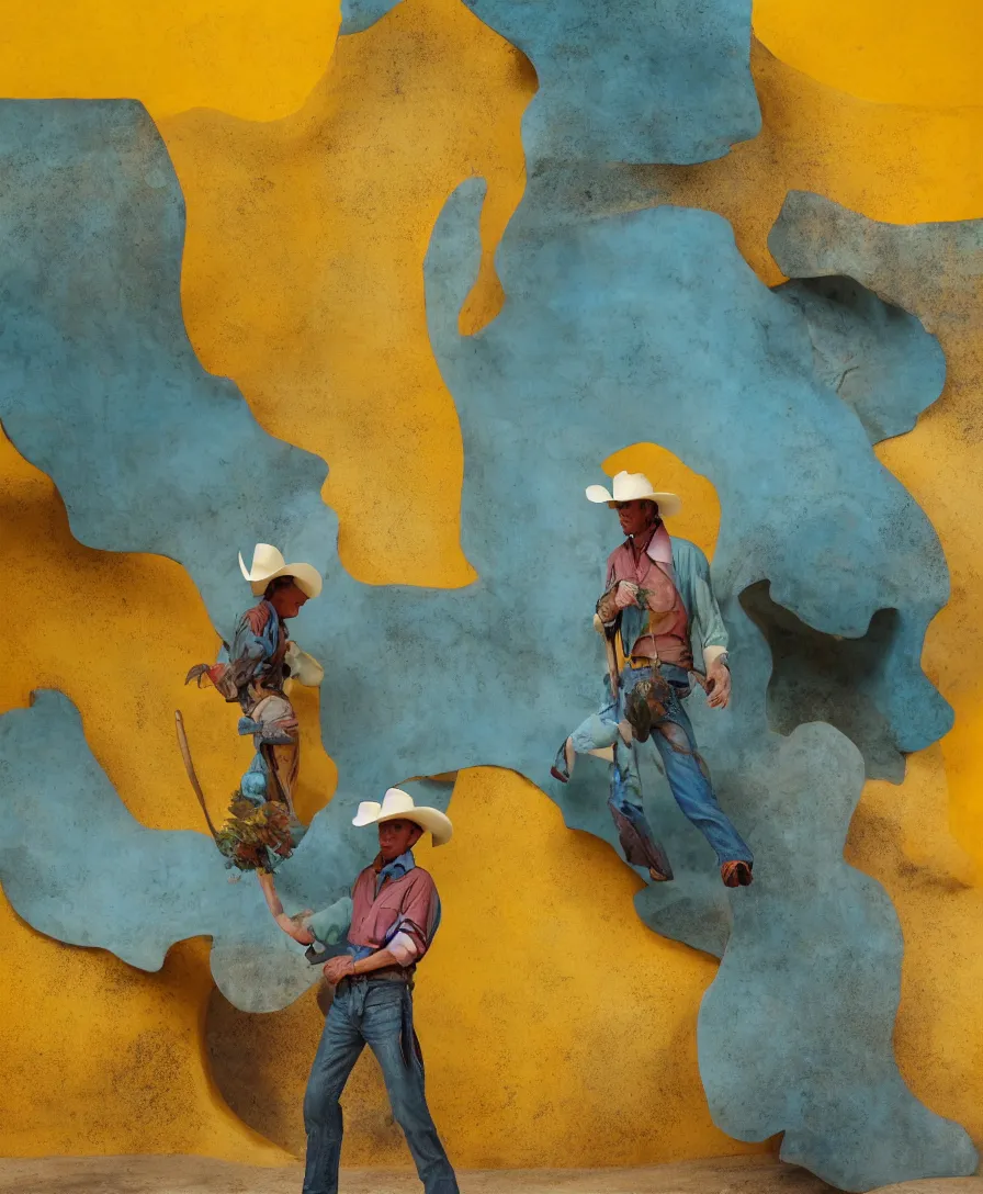 Image similar to a cowboy turning into blooms by slim aarons, by zhang kechun, by lynda benglis. tropical sea slugs, brutalist angular sharp tractor tires. complementary colors. warm soft volumetric dramatic light. national geographic. 8 k, rendered in octane, smooth gradients. sculpture by antonio canova. yellow teal accents.