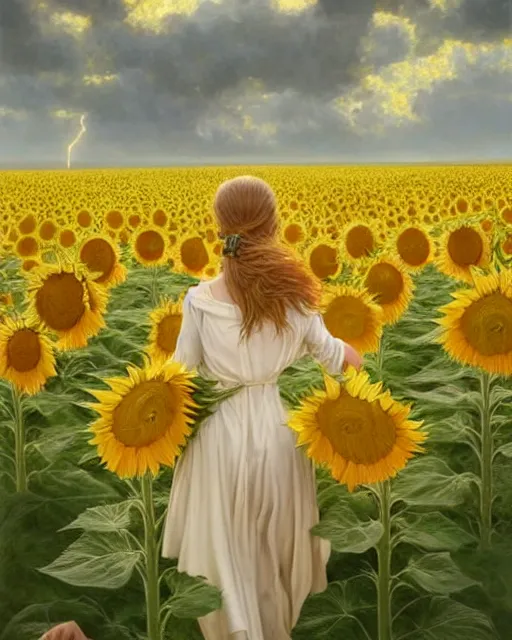 Image similar to a girl slowly walking through amazing tall sunflower field, hair flowing, early morning lightning, bad weather approaching, oil on canvas, artstation, by j. c. leyendecker and edmund blair leighton and charlie bowater, beautiful face, octane, very aesthetic!!!!!!!!!!!!!!!