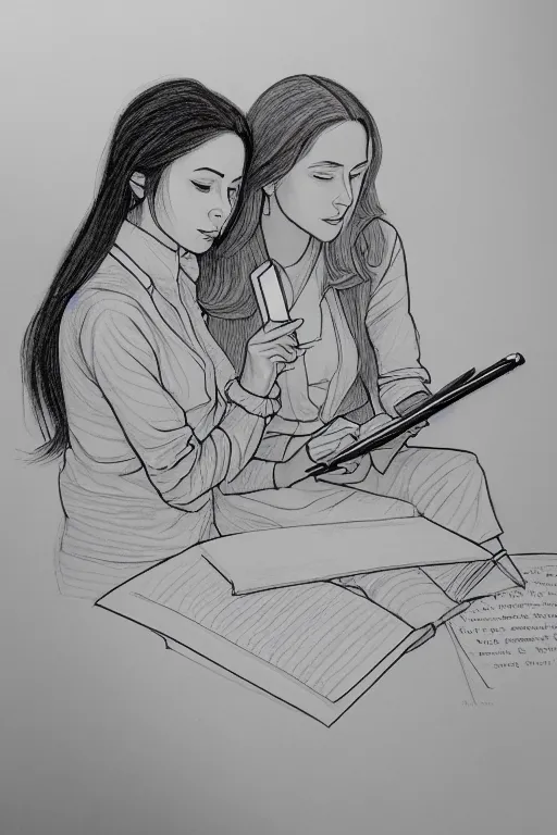 Image similar to portrait of two wise and very beautiful women reviewing some texts, drawn by a child, intricate, elegant, highly detailed, smooth, sharp focus, artstation