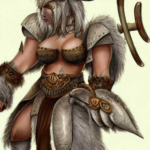 Image similar to cute drawing, female Minotaur warrior, brown fur with white spots, family friendly, armored, concept art