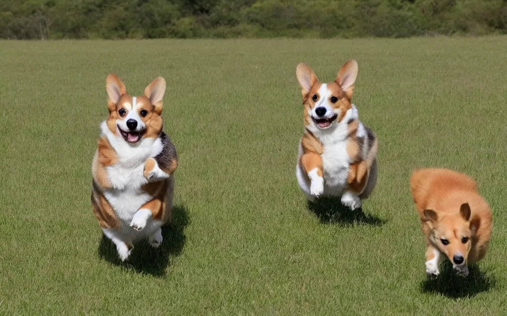 Prompt: A photo of corgi in a field, wearing a party hat while he is being chased by a kangaroo.