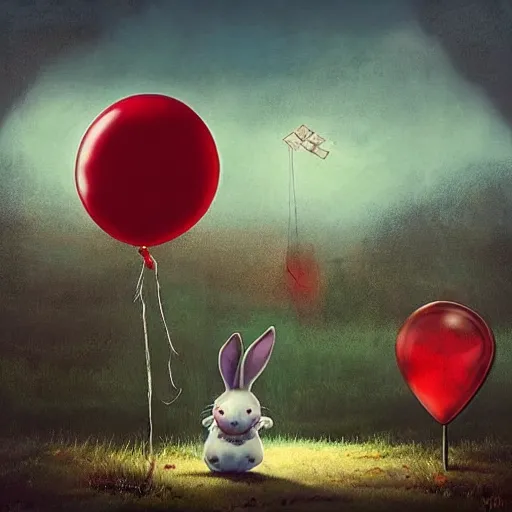 Image similar to grunge surrealism cartoon landscape painting of a cartoon bunny and a red balloon by - michal karcz, loony toons style, pennywise style, horror theme, detailed, elegant, intricate