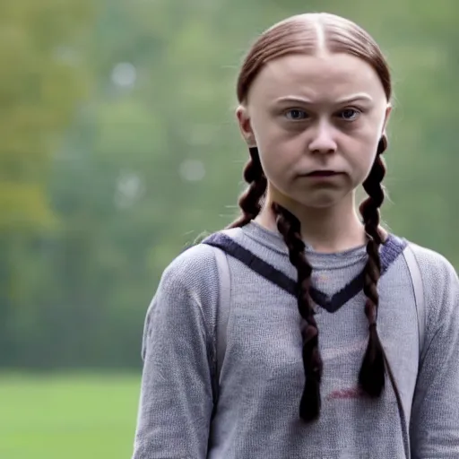 Prompt: A cinematic still of Greta Thunberg as Wednesday Addams in the 2022 Netflix series 'Wednesday'