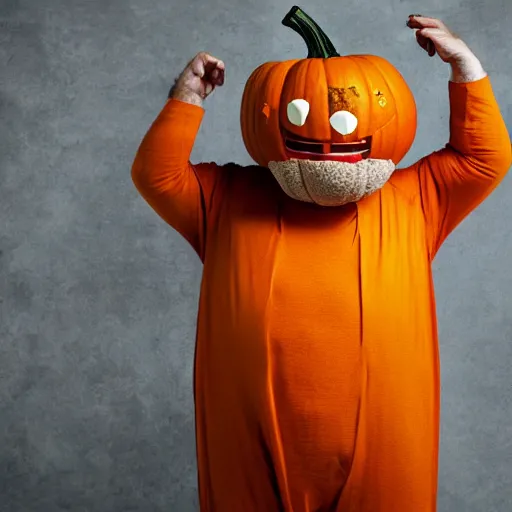 Image similar to photograph of danny devito wearing pumpkin costume, full - body pumpkin costume, 4 k
