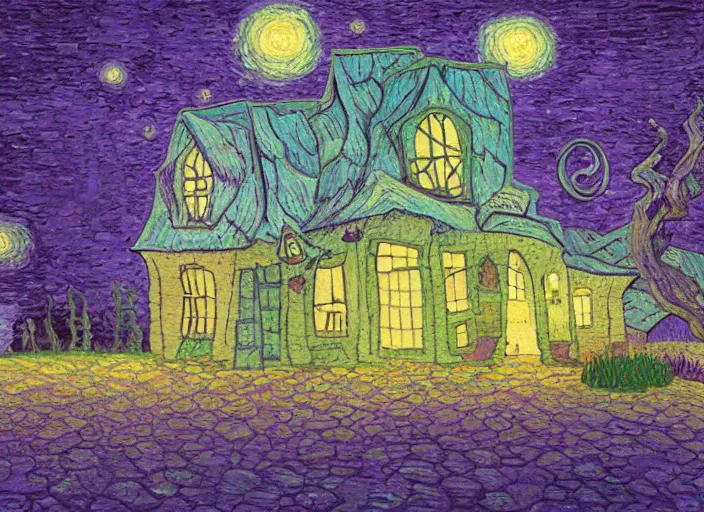 Image similar to detailed painting of a mysterious house inside a giant purple mushroom, mystical dark purple landscape at night, dark purple sky, blue bioluminescent life, in the style of moebius and studio ghibli and vincent van gogh and claude monet