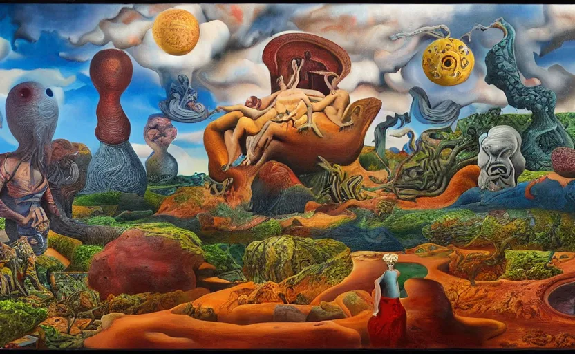 Prompt: strange surrealist landscape with very small strange figures in the distance with large looming biomorphic figures looming inthe foreground, painted by dali and todd schorr and rachel ruysch, timeless disturbing masterpiece