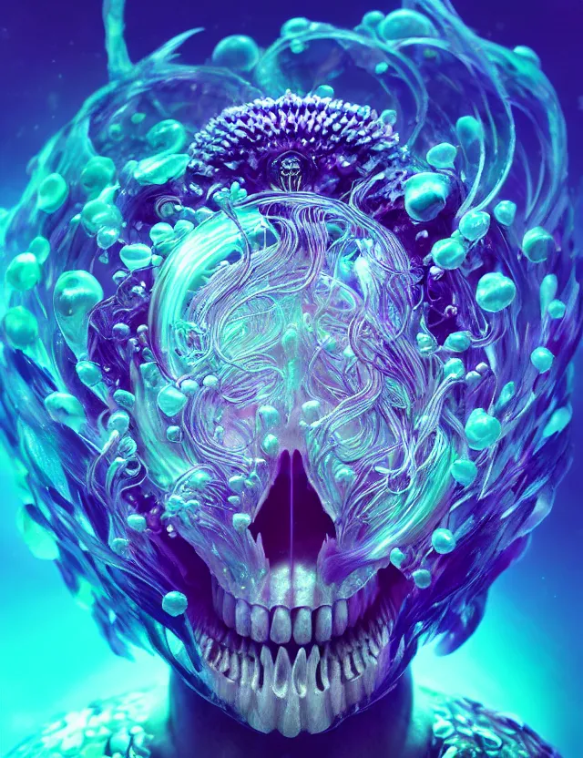 Image similar to goddess macro close - up portrait wigh crown made of ram skull. betta fish, jellyfish phoenix, bioluminiscent, plasma, ice, water, wind, creature, super intricate ornaments artwork by tooth wu and wlop and beeple and greg rutkowski