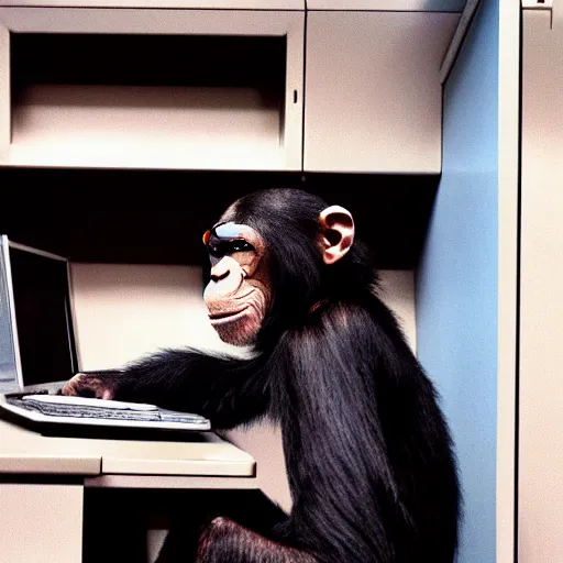 Prompt: chimp in an office job cubicle on computer, 9 0 s photograph