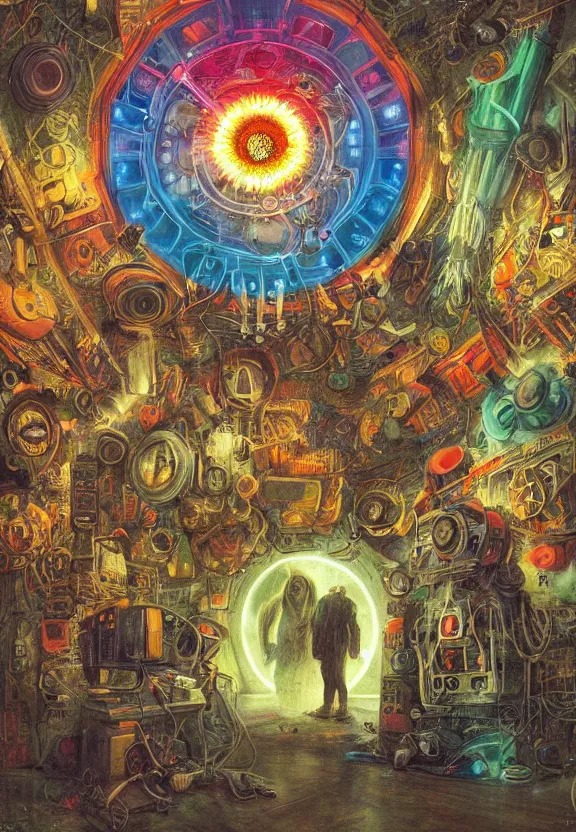 Prompt: colorful medical equipment, cameras, radiating, neon light mandala, minimalist environment, by ryan stegman and hr giger and esao andrews and maria sibylla merian eugene delacroix, gustave dore, thomas moran, the movie the thing, modern art, graffiti, saturated