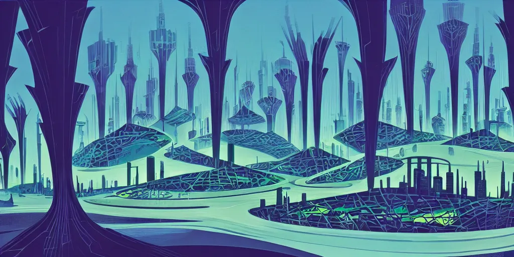 Image similar to futuristic city entangled with trees, gouache, animated film, stylised, illustration, by eyvind earle, scott wills, genndy tartakovski, syd mead