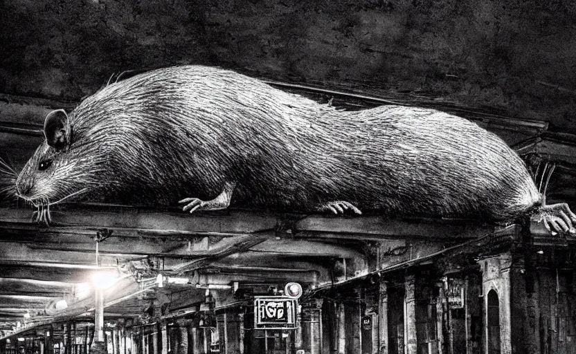 Image similar to very large giant zombie rat on railways in tonnel of moscow metro. extreme high detail. low dark light, scary atmosphere