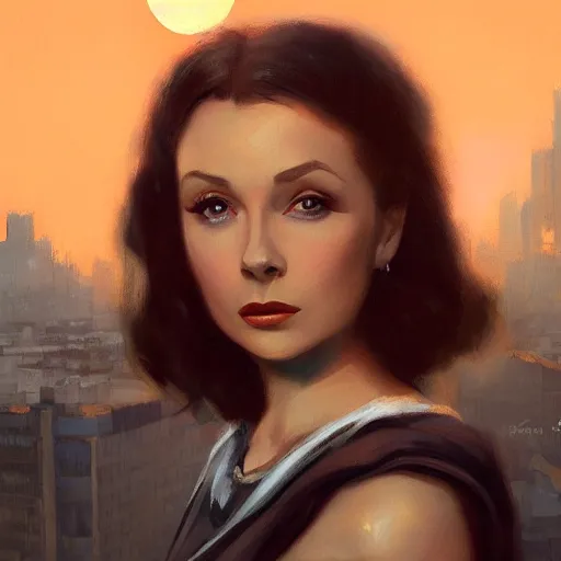 Image similar to closeup portrait of a young vivian leigh, dramatic lighting, city background, night, moon, chiaroscuro, high detail, painted by greg rutkowski, painted by igor kieryluk, painted by bobby chiu, trending on artstation