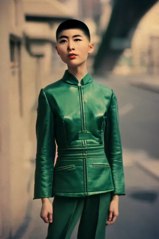 Prompt: ektachrome, 3 5 mm, highly detailed : incredibly realistic, youthful asian demure, perfect features, petite buzz cut, beautiful three point perspective extreme closeup 3 / 4 portrait photo in style of chiaroscuro style 1 9 7 0 s frontiers in flight suit cosplay paris street photography vogue fashion edition