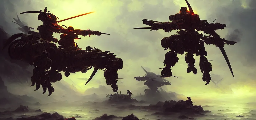 Image similar to 8 k art photography shot art shot, hyperrealistic, hyperdetailed, super detailed, uhd, uhd, 8 k, high resolution, large group of ancient samurai attack futuristic military mech, painting by ross tran and ivan aivazovsky