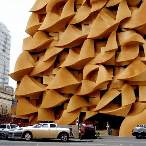 Prompt: a towering impressive building made of bread, cheese, and lunchmeat, designed by frank gehry