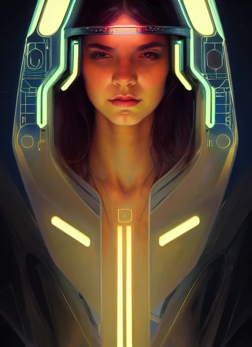 Image similar to symmetry portrait of a very beautiful caucasian young cyberpunk woman wearing a visor, sci - fi, tech wear, glowing lights intricate, elegant, highly detailed, digital painting, artstation, concept art, smooth, sharp focus, illustration, art by artgerm and greg rutkowski and alphonse mucha