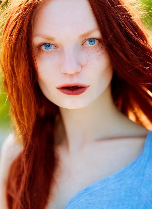 Image similar to close up portrait photograph of a thin young redhead woman with russian descent, sunbathed skin, with deep blue eyes. Wavy long maroon colored hair. she looks directly at the camera. Slightly open mouth, face takes up half of the photo. a park visible in the background. 55mm nikon. Intricate. Very detailed 8k texture. Sharp. Cinematic post-processing. Award winning portrait photography. Sharp eyes.