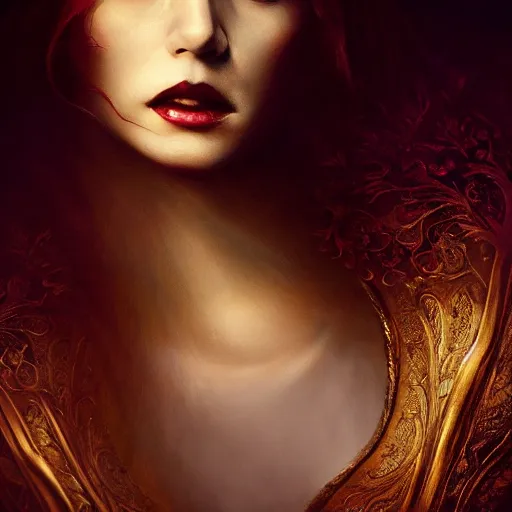 Image similar to majestic gracious regal aristocratic female vampire portrait, atmospheric lighting, painted, ravenous, tempestuous, menacing, intricate, volumetric lighting, beautiful, rich deep colours masterpiece, golden hour, golden ratio, sharp focus, ultra detailed, by leesha hannigan, ross tran, thierry doizon, kai carpenter, ignacio fernandez rios