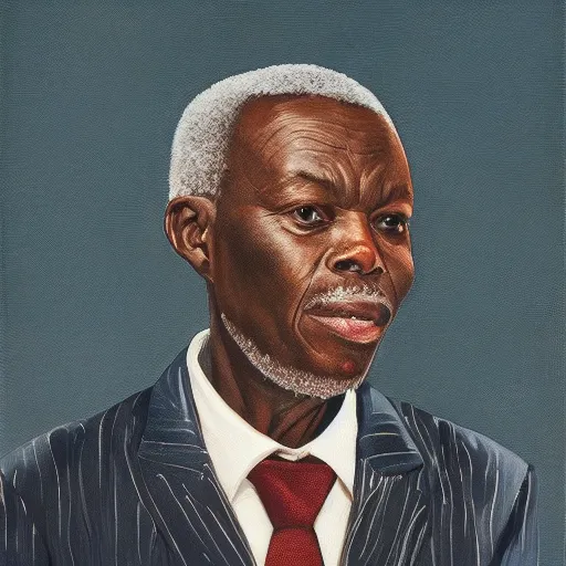 Image similar to a painting of a round face, XXL, Loving, caring, generous, ever-present, humble, wise elder from Kenya in a suit by Kehinde Wiley . Fatherly/daddy, focused, loving, leader, relaxed,. ethereal lights, details, smooth, sharp focus, illustration, realistic, cinematic, artstation, award winning, rgb , unreal engine, octane render, cinematic light, macro, depth of field, blur, red light and clouds from the back, highly detailed epic cinematic concept art CG render made in Maya, Blender and Photoshop, octane render, excellent composition, dynamic dramatic cinematic lighting, aesthetic, very inspirational, arthouse.