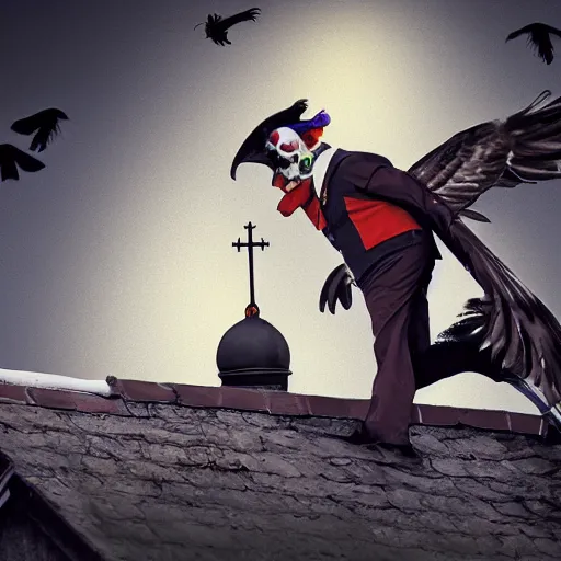 Image similar to A clown on the roof of the church playing with crows, futurist, digital art, dramatic lighting, symbolic